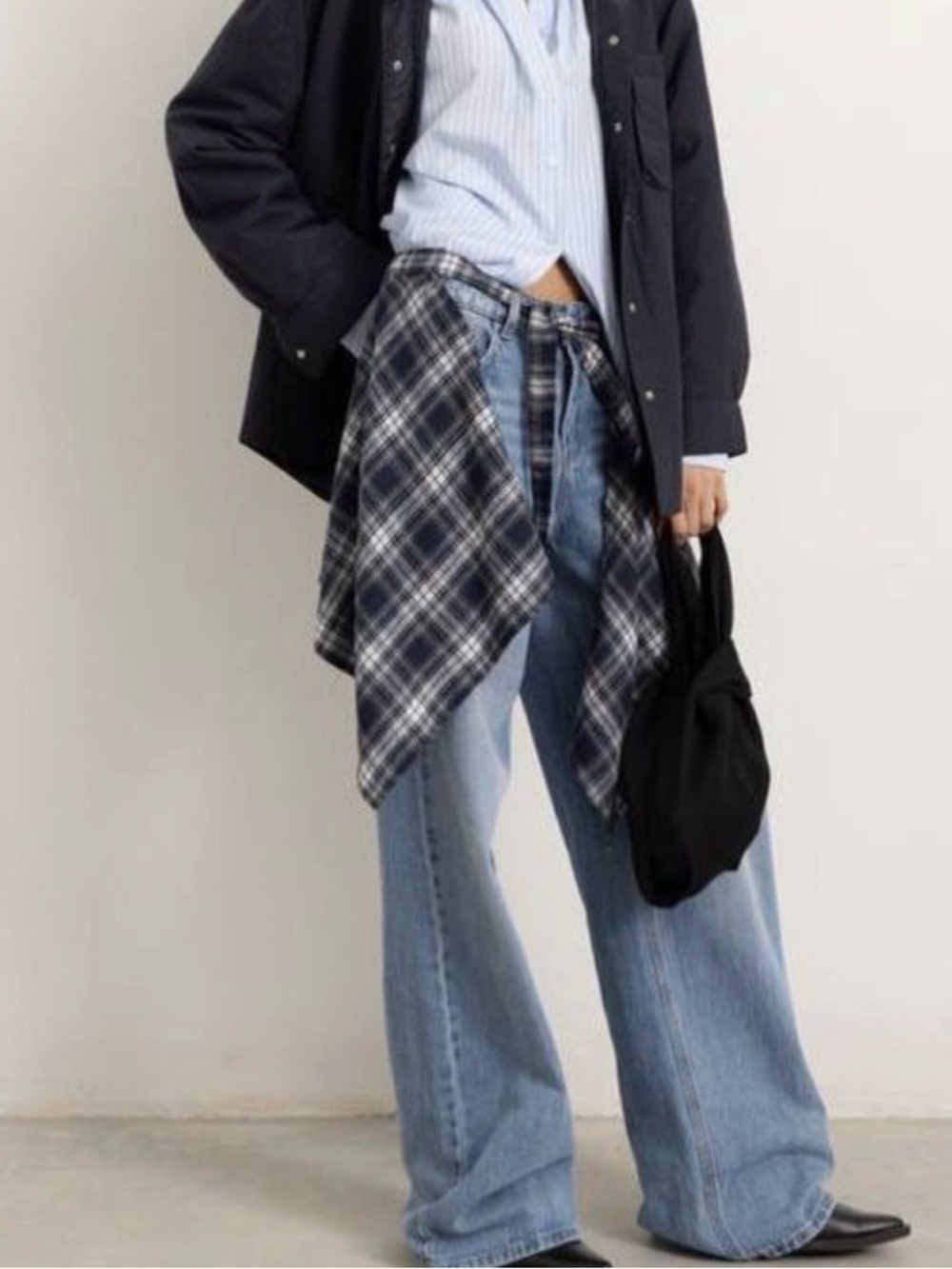 Blue Plaid Shirt Over Light Wash Wide Leg Jeans, from Italy - Picture 4 of 4
